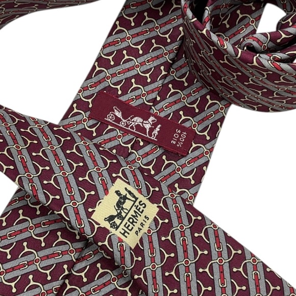 HERMÈS 773 UA Burgundy/Gray Striped Belt Silk LUXURY Tie FRANCE - Picture 4 of 5